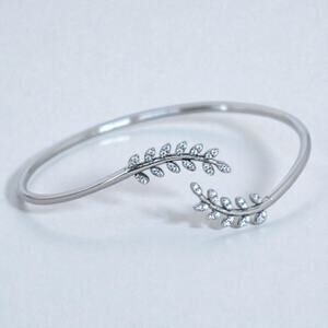 Vintage Sterling Silver 925 Flexible Leaf Bracelet CZ Stackable 7 Inch